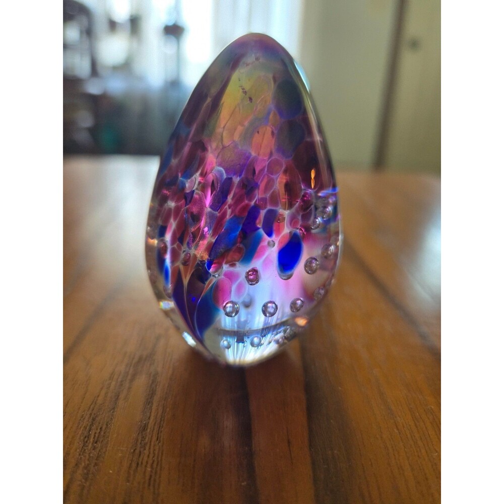 Vtg. 1991 Glass Eye Studio GES Iridescent Egg-Shaped Paperweight Signed